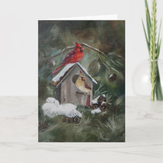 Cardinals on Snowy Birdhouse Holiday Card