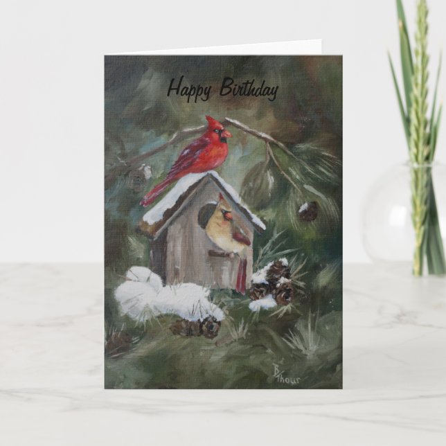 Cardinals on Snowy Birdhouse Holiday Card (Front)