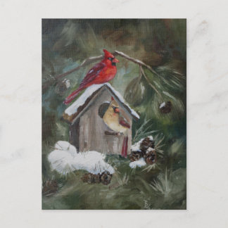 Cardinals On Snowy Birdhouse Postcard