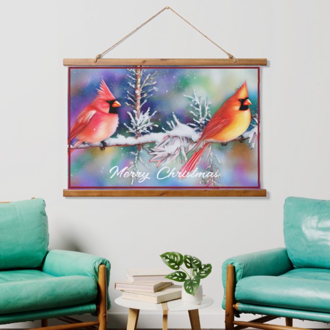 Cardinals on snowy branch hanging tapestry (Living Room)