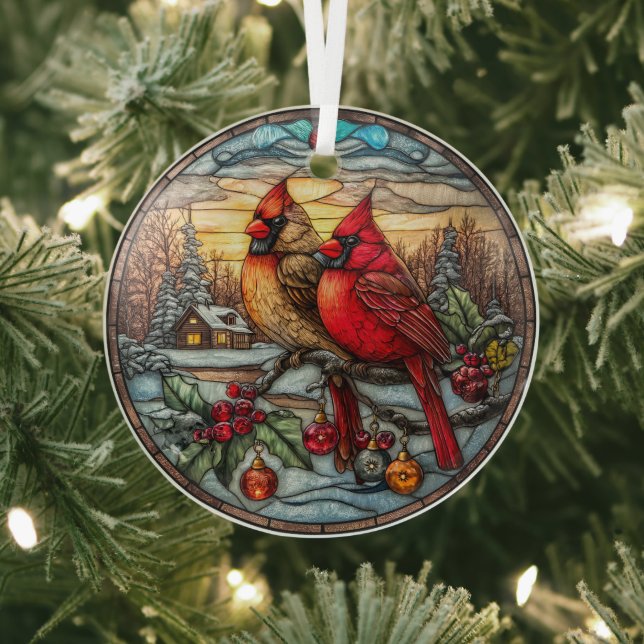 Cardinals on Snowy Branch with Holly Glass Tree Decoration (Insitu)