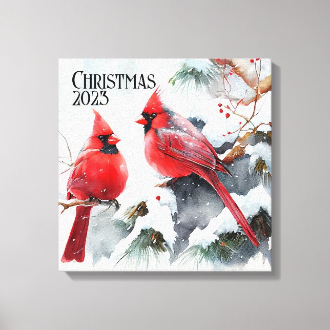 Cardinals on Snowy Tree a Customisable Christmas Canvas Print (Front)