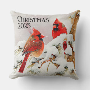 Cardinals on Snowy Tree a Customisable Christmas Cushion