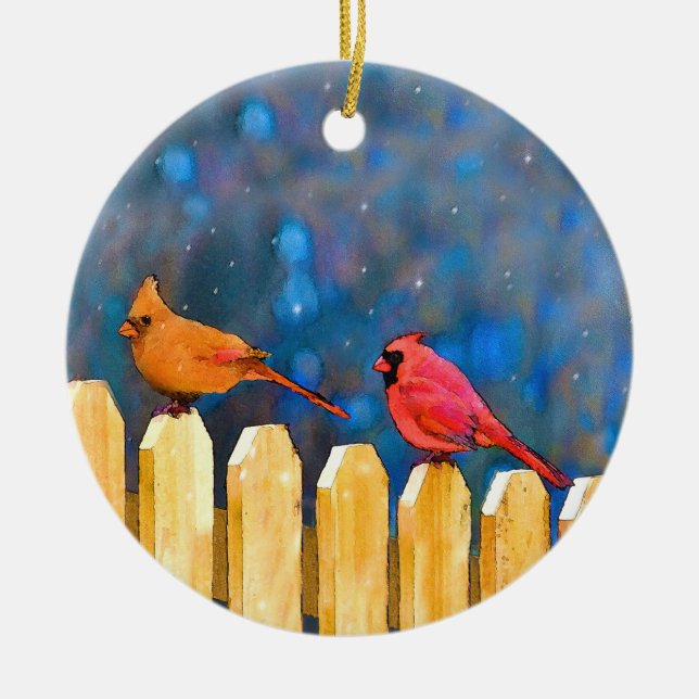 Cardinals on the Fence Painting - Original Art Ceramic Tree Decoration (Front)