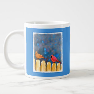 Cardinals on the Fence Painting - Original Art Large Coffee Mug