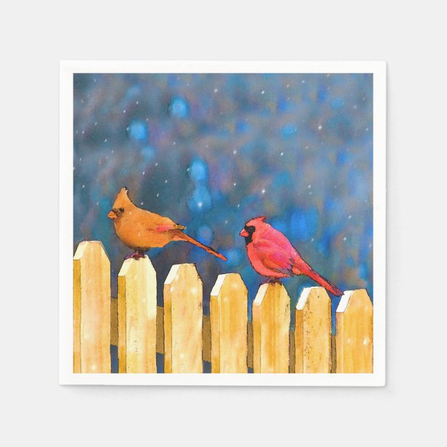 Cardinals on the Fence Painting - Original Art Napkin (Front)