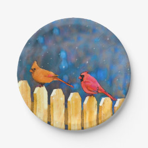 Cardinals on the Fence Painting - Original Art Paper Plate