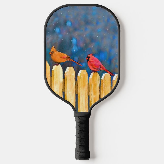 Cardinals on the Fence Painting - Original Art Pickleball Paddle (Front)
