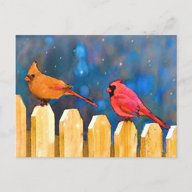 Cardinals on the Fence Painting - Original Art Postcard (Front)