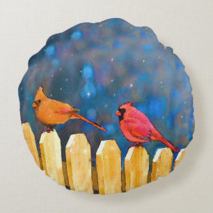 Cardinals on the Fence Painting - Original Art Round Cushion