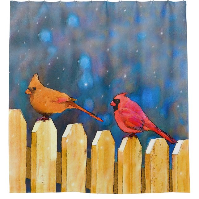 Cardinals on the Fence Painting - Original Art Shower Curtain (Front)