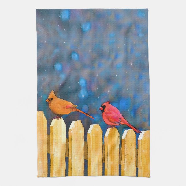 Cardinals on the Fence Painting - Original Art Tea Towel (Vertical)