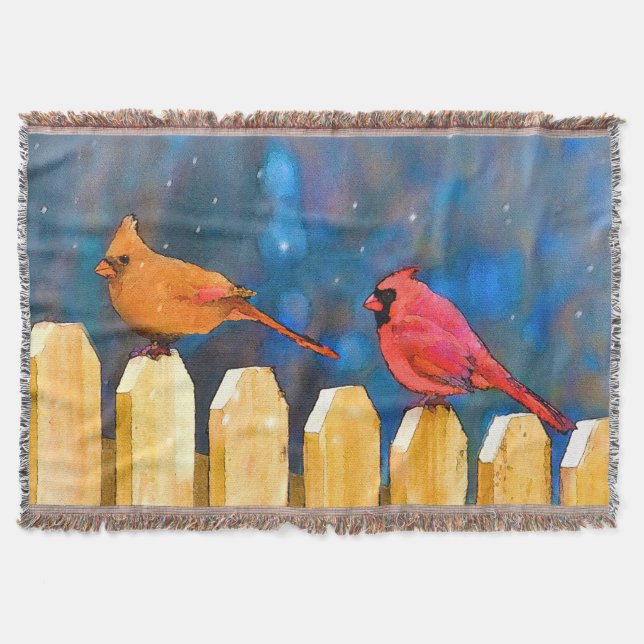 Cardinals on the Fence Painting - Original Art Throw Blanket (Front)