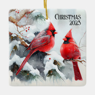 Cardinals on Tree Branch a Customisable Christmas Ceramic Ornament