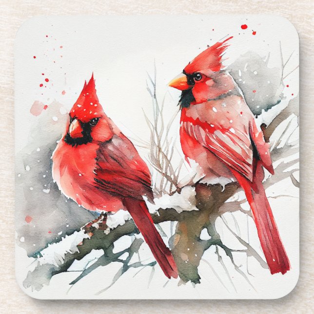 Cardinals on Tree Branch in Christmas Winter Scene Coaster (Front)