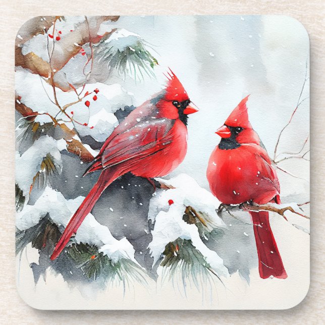 Cardinals on Tree Branch in Christmas Winter Scene Coaster (Front)