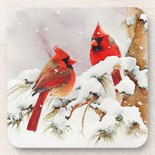 Cardinals on Tree Branch in Christmas Winter Scene Coaster