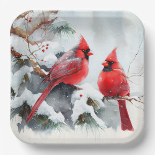 Cardinals on Tree Branch in Christmas Winter Scene Paper Plate