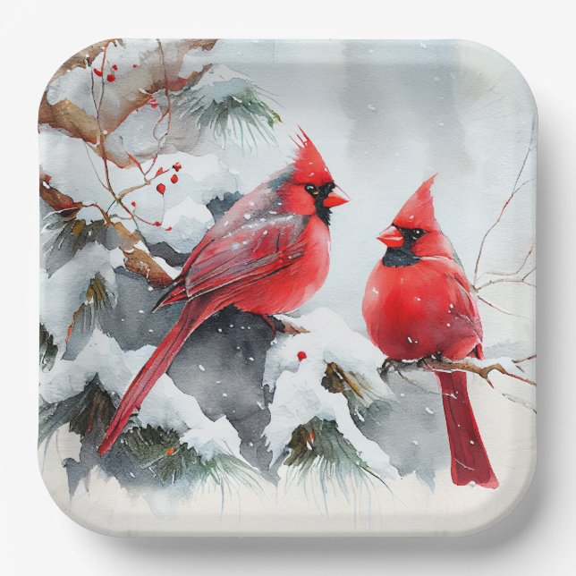 Cardinals on Tree Branch in Christmas Winter Scene Paper Plate (Front)