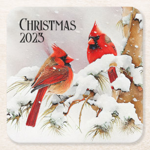 Cardinals on Tree Branch in Christmas Winter Scene Square Paper Coaster