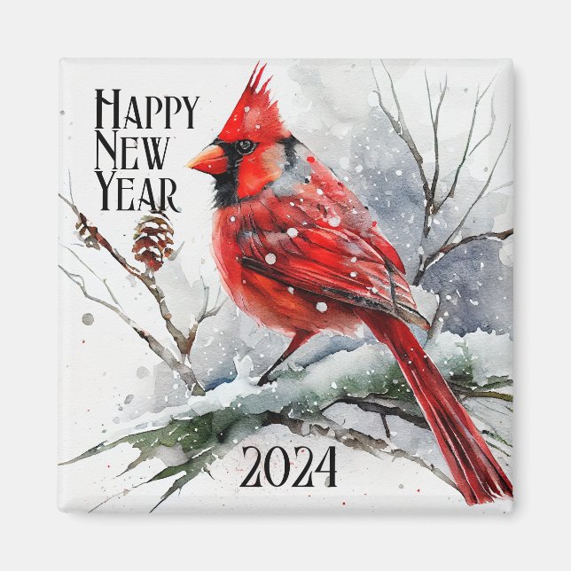 Cardinals on Tree Branch in Winter Scene New Year Magnet (Front)