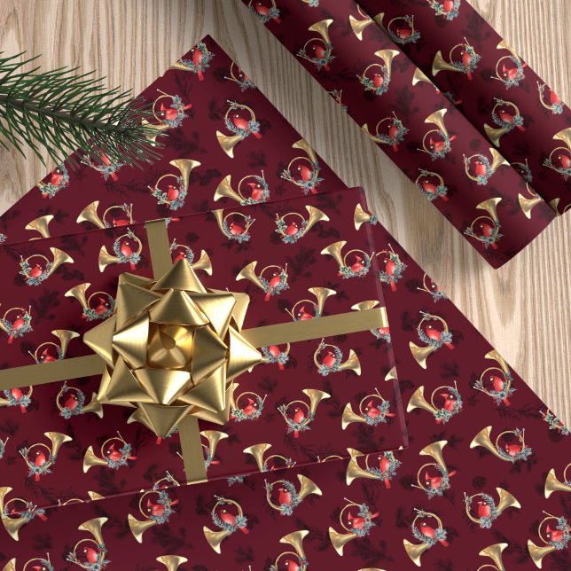 Cardinals Perched In Gold Christmas Horns Burgundy Wrapping Paper (Creator Uploaded)