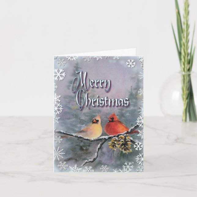 CARDINALS & SNOWFLAKES & Greeting by SHARON SHARPE Holiday Card (Front)