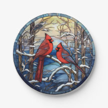 Cardinals Stained Glass Christmas Holiday Plates