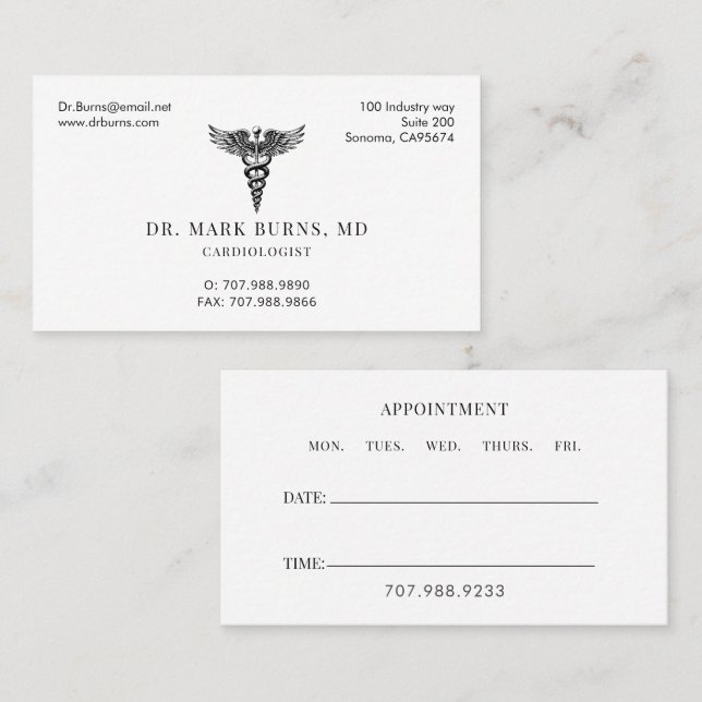 Cardiologist Doctor Caduceus Appointment And Business Card (Front/Back)