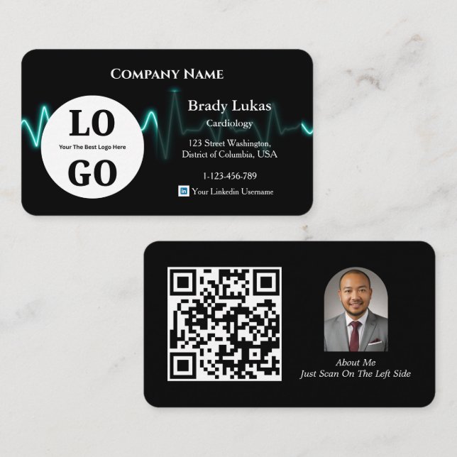 Cardiology Business Card Custom Logo Modern Black (Front/Back)
