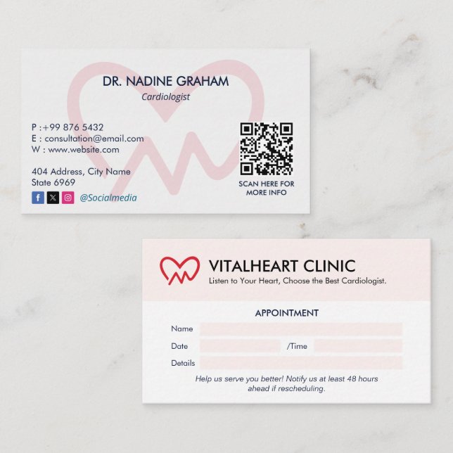 Cardiology Clinic Business | Clean Appointment Business Card (Front/Back)
