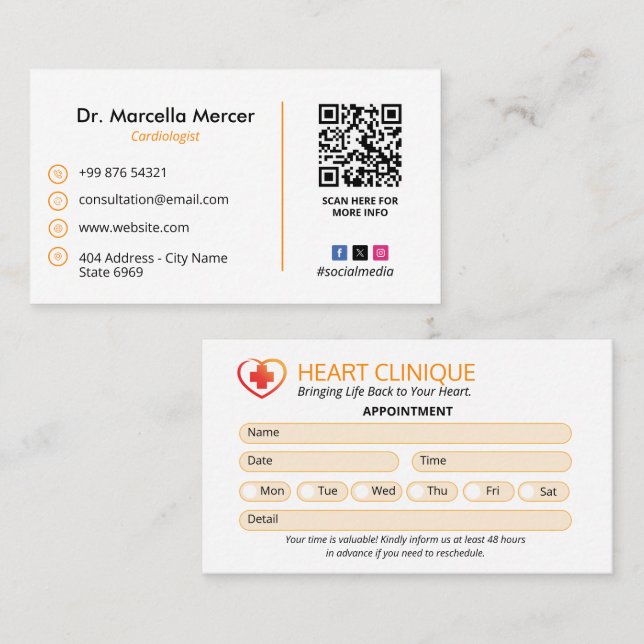 Cardiology Clinic Business | Clean Appointment Business Card (Front/Back)