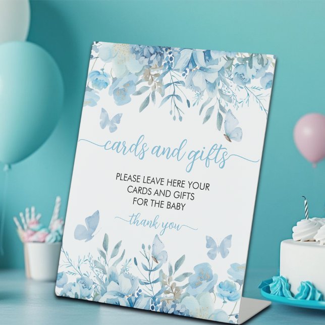 Cards and Gifts Blue Floral Baby Shower  Pedestal Sign (Creator Uploaded)