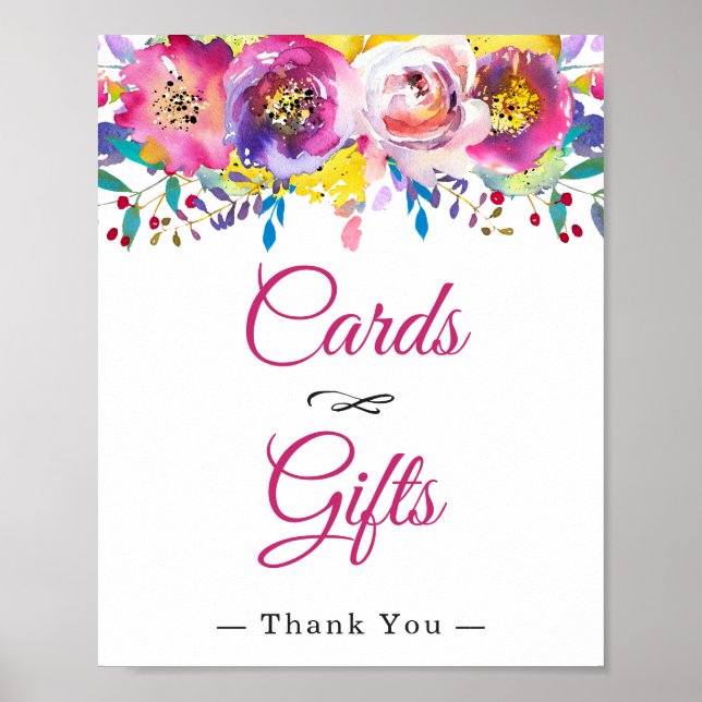 Cards and Gifts Fuchsia Gold Floral Wedding Sign (Front)