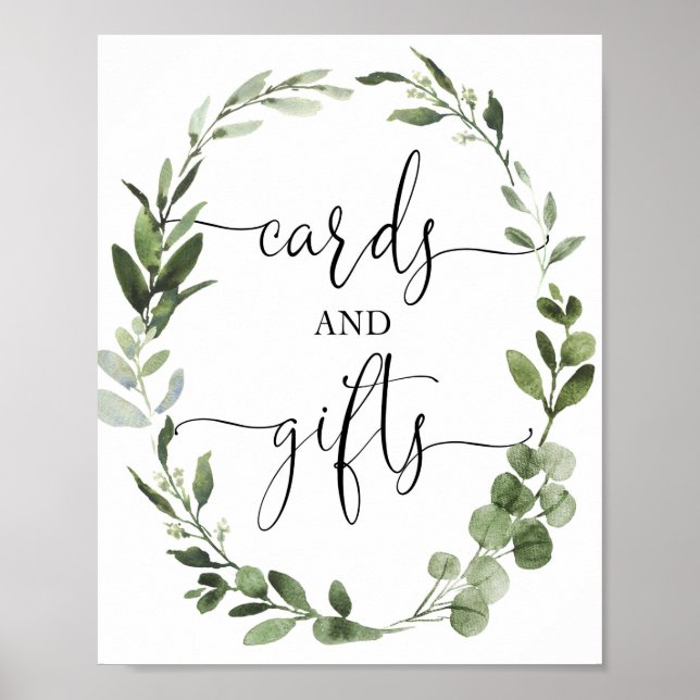 Cards and gifts greenery wreath baby shower sign (Front)