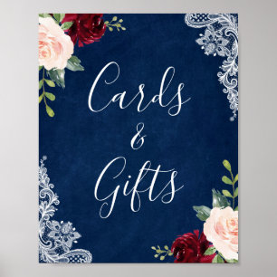 Cards and Gifts Navy Blue Red Blush Floral Lace Poster