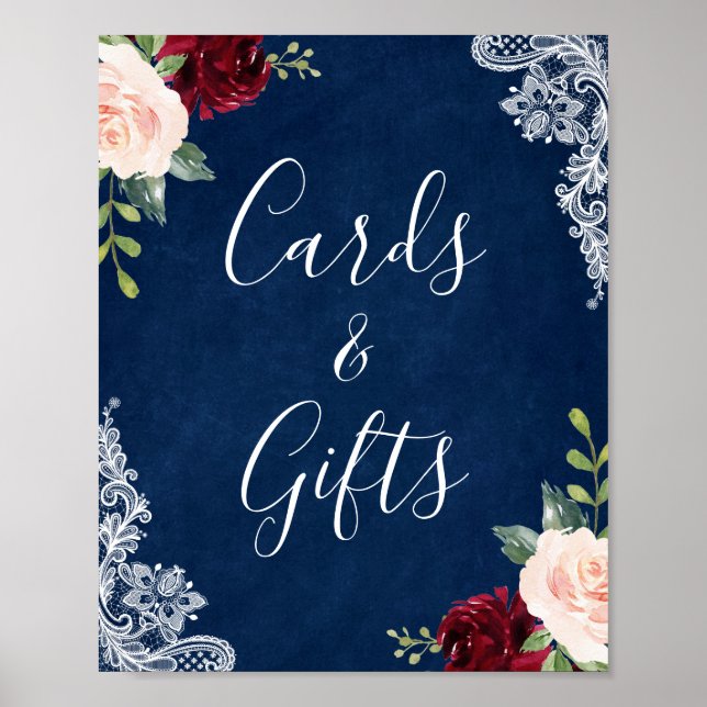 Cards and Gifts Navy Blue Red Blush Floral Lace Poster (Front)