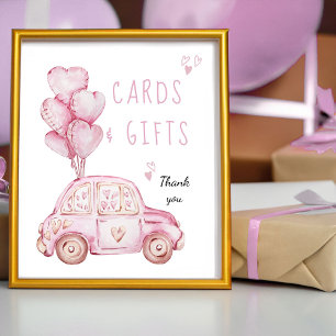 Cards and Gifts Pink Balloons and Car Birthday Poster