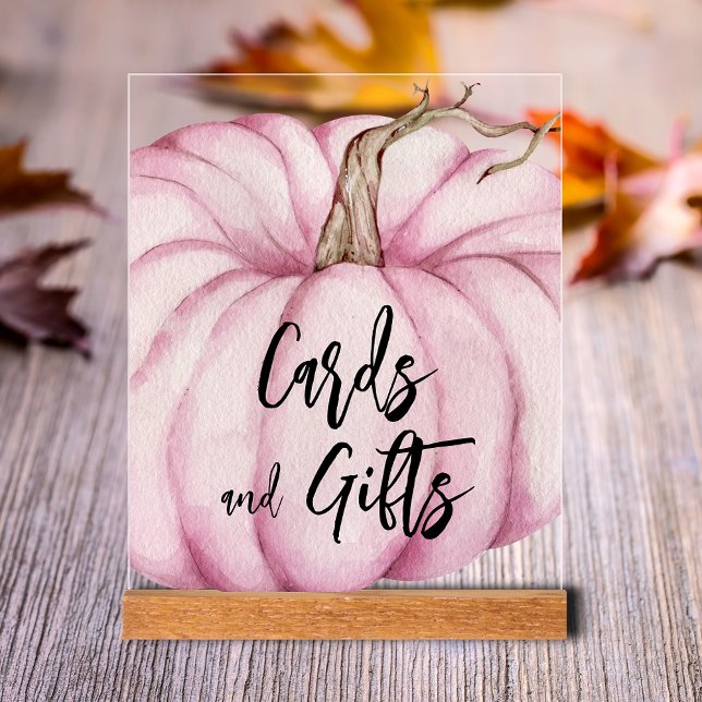 Cards and Gifts Pink Pumpkin Baby Shower Acrylic Sign (Pink Pumpkin Girl Baby Shower Cards & Gifts Clear Acrylic Tabletop Sign)
