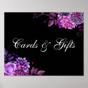 Cards and gifts. Purple flower. Black wedding sign