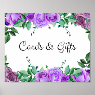 Cards and gifts. Purple roses. Floral wedding sign