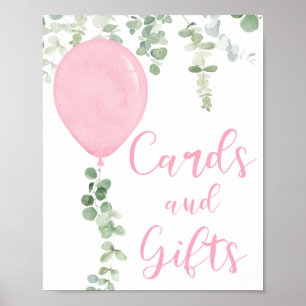 Cards and gifts sign pink balloons baby shower