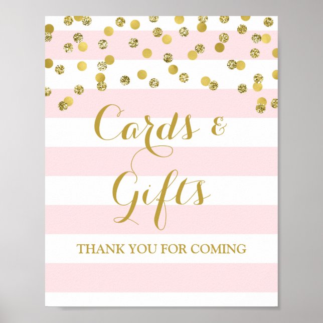 Cards and Gifts Sign Pink Stripes Gold Confetti (Front)