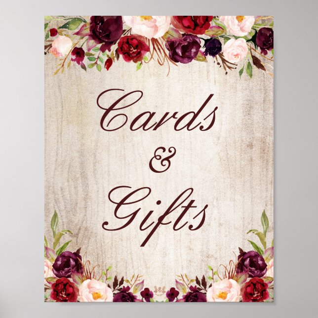 Cards and Gifts Sign Rustic Wood Burgundy Floral (Front)