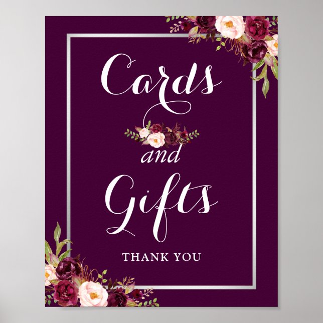 Cards and Gifts Wedding Sign Plum Purple Floral (Front)