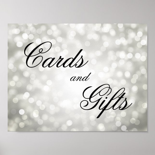 Cards And Gifts Wedding Sign Silver Bokeh Lights (Front)