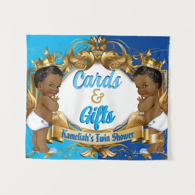 Cards & Gifts Blue | Gold Royal Twin Baby Shower Tapestry (Front (Horizontal))