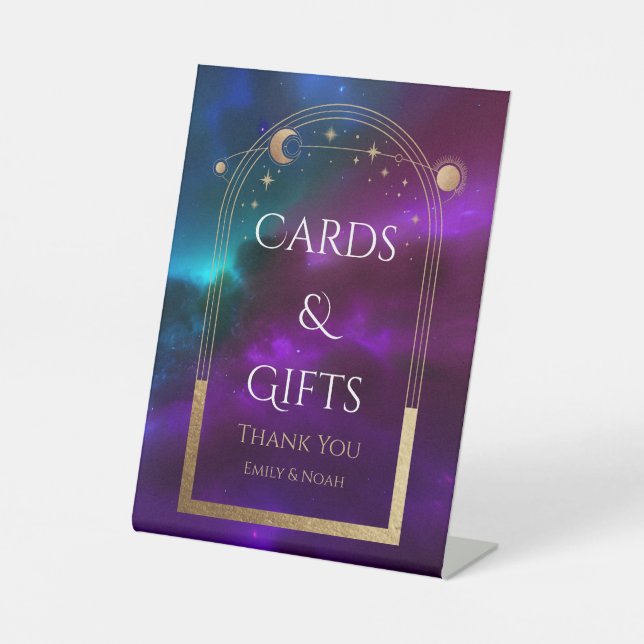 Cards & Gifts Cosmic Purple Teal Sun Moon Wedding Pedestal Sign (Front)