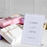 Cards gifts gold party lavender pedestal sign<br><div class="desc">A lavender coloured background and a white frame. Text: Cards and gifts. Thank you!</div>