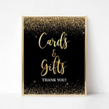 Cards & Gifts Party Sign Black & Gold Glitter